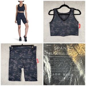 SPANX Women's Crop Top and Biker Short‎ Set Black Camo XL Lamn Active Seamless